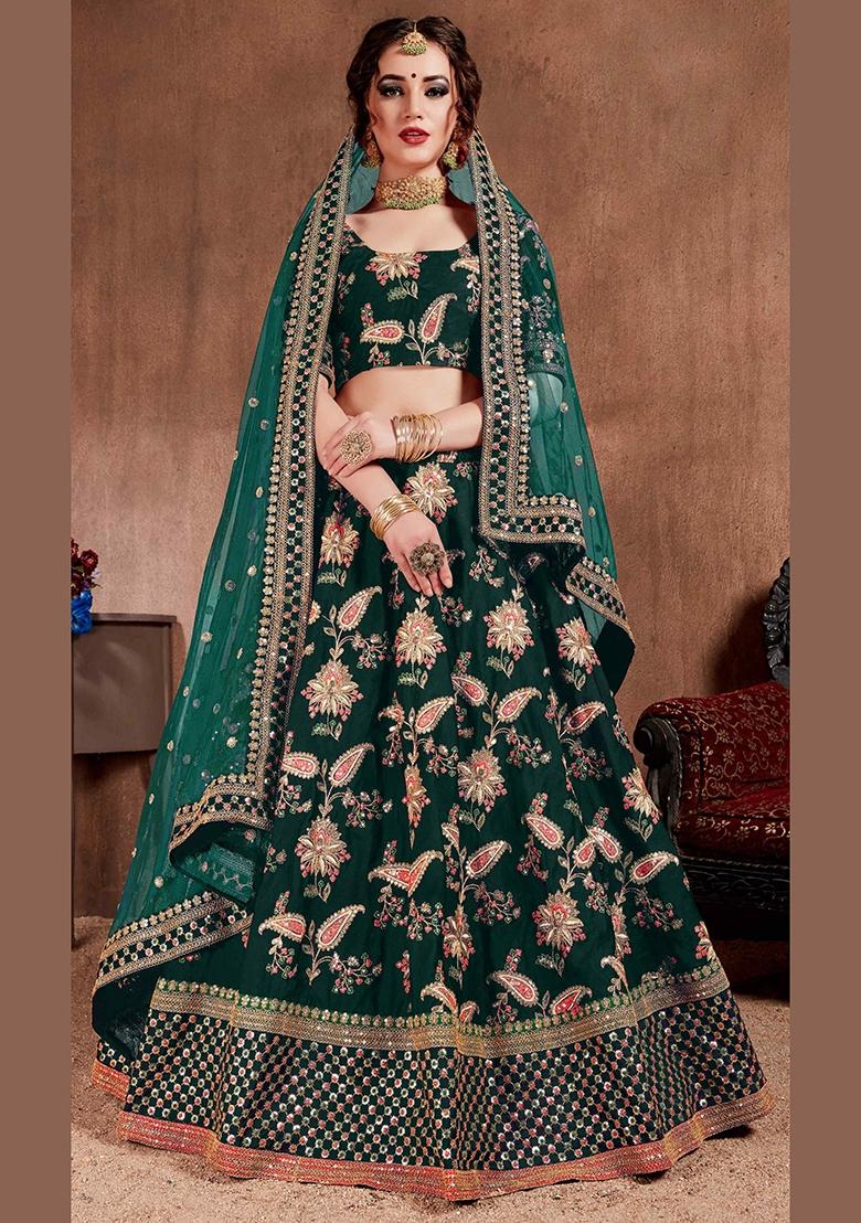 Green Sequin Work Silk Blend Lehenga Set - Indya
