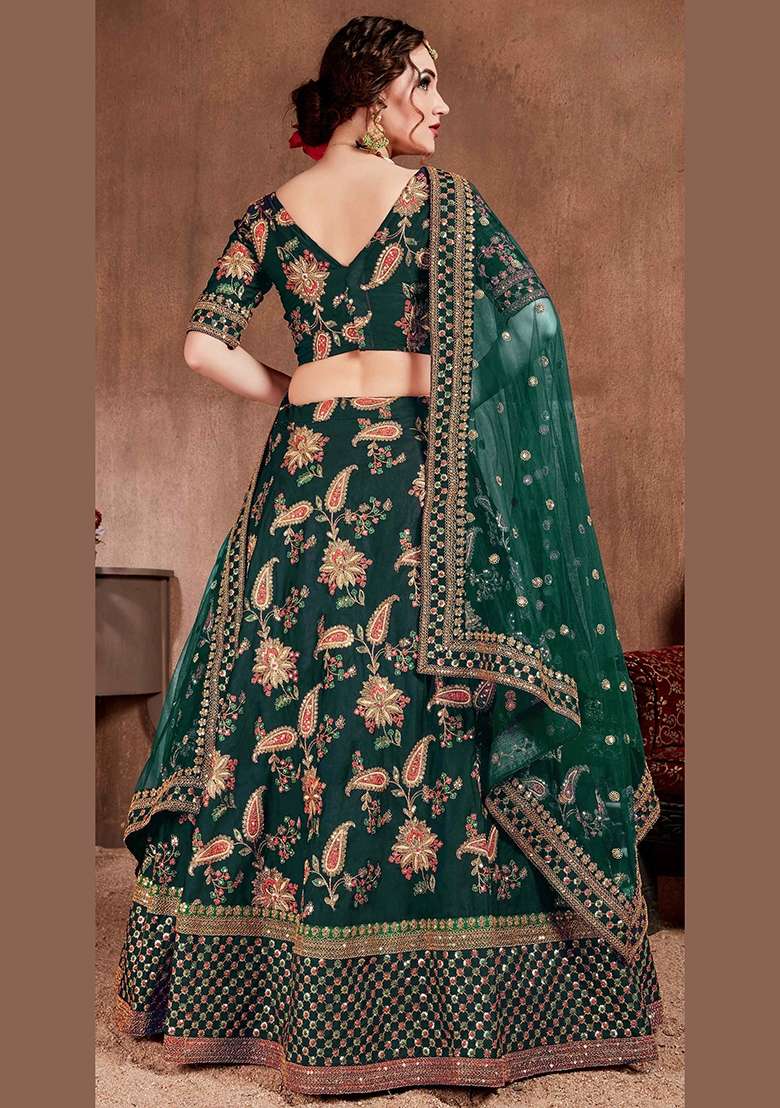 Green Sequin Work Silk Blend Lehenga Set - Indya
