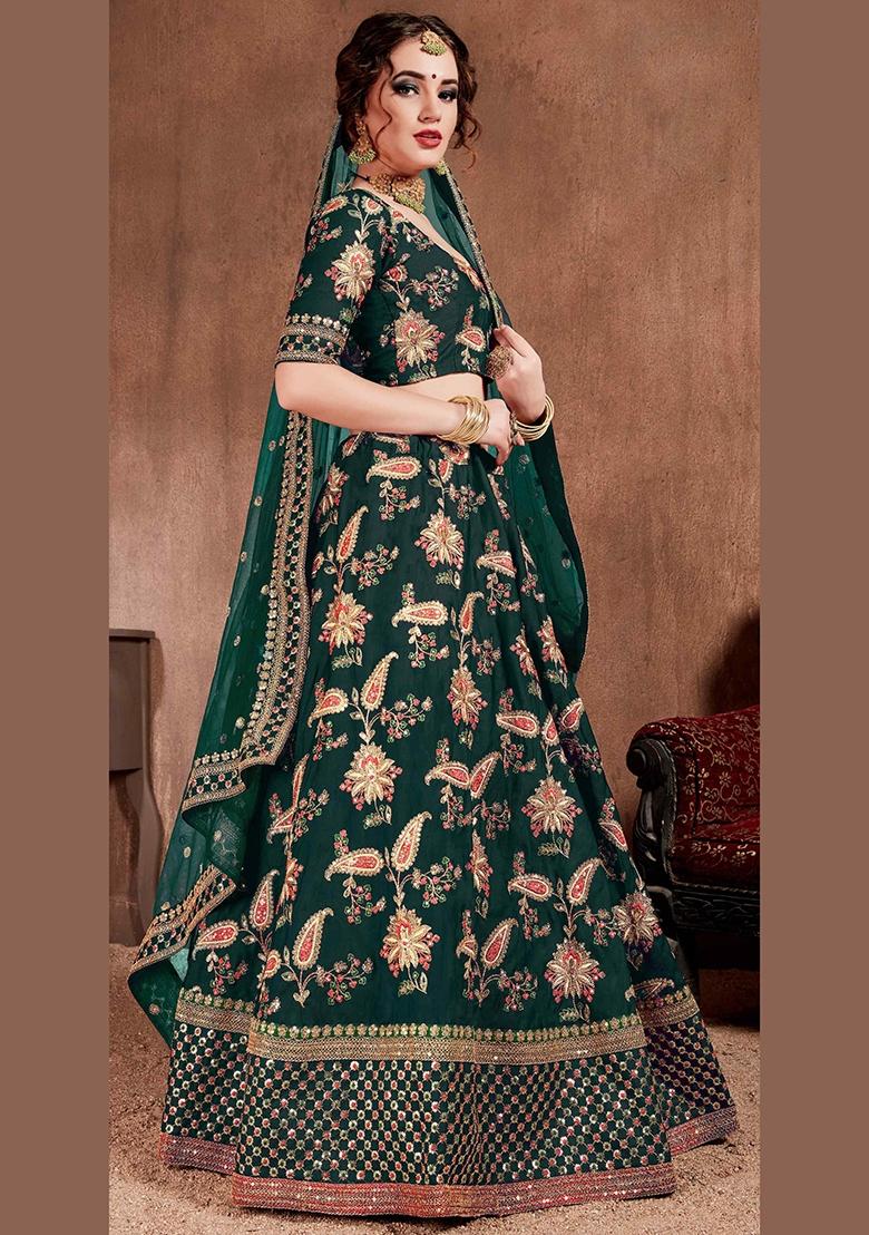 Green Sequin Work Silk Blend Lehenga Set - Indya