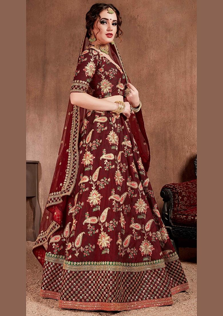 Maroon Sequin Work Silk Blend Lehenga Set - Indya