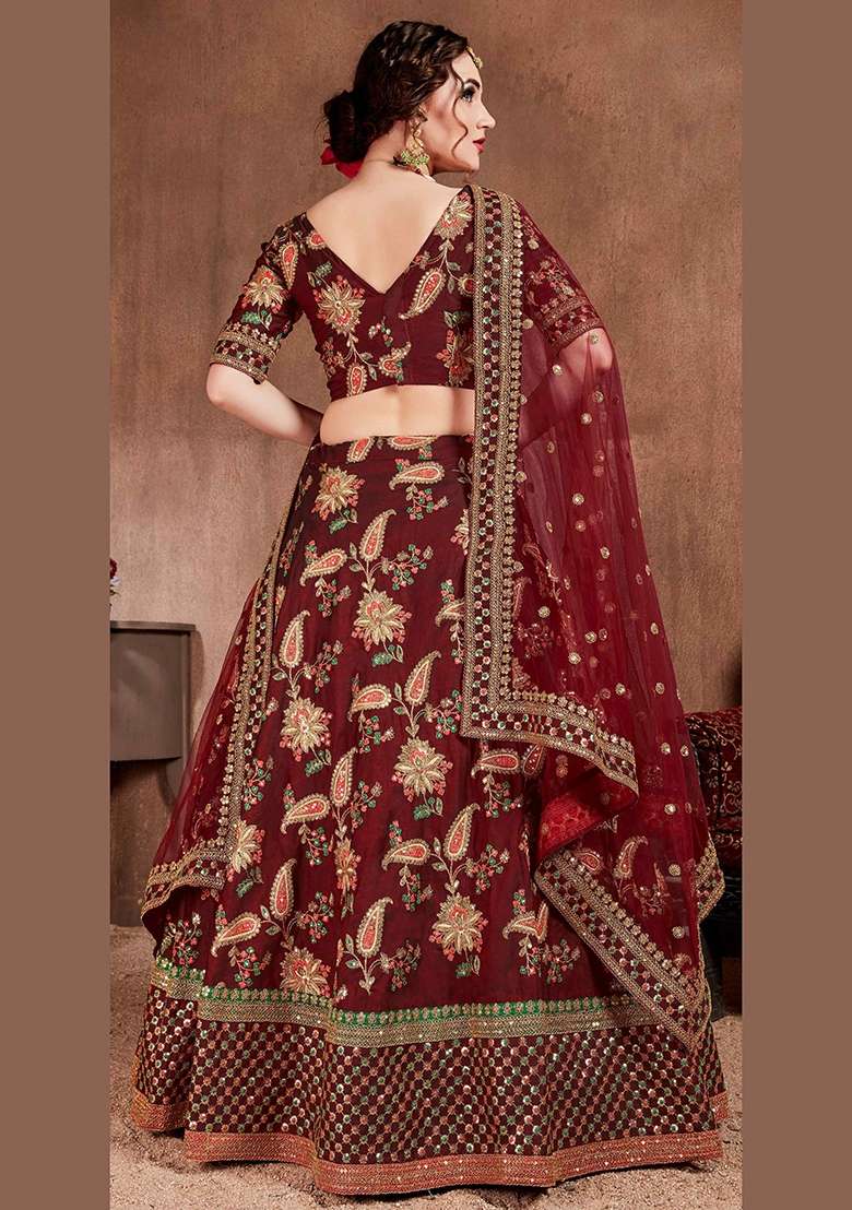 Maroon Sequin Work Silk Blend Lehenga Set - Indya