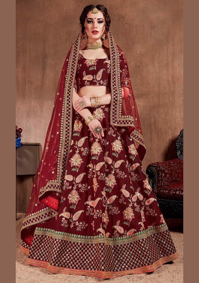 Maroon Sequin Work Silk Blend Lehenga Set - Indya