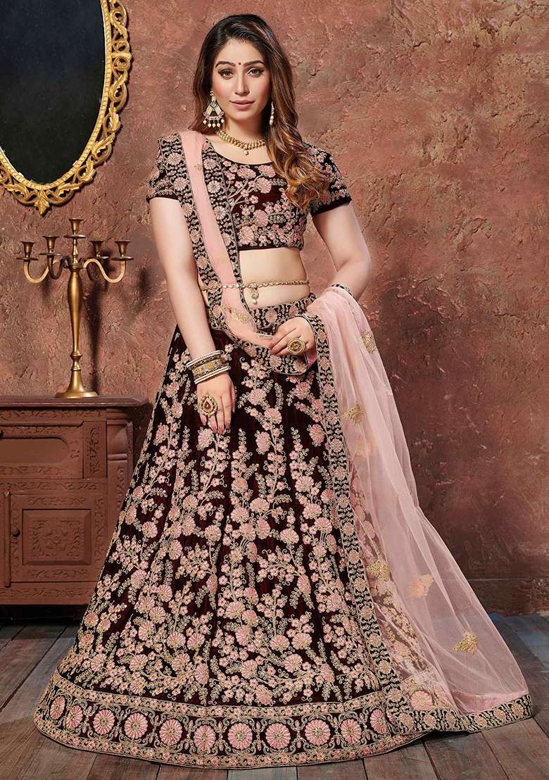 Maroon Sequin Work Velvet Lehenga Set for Diwali and Festive Wear - Indya