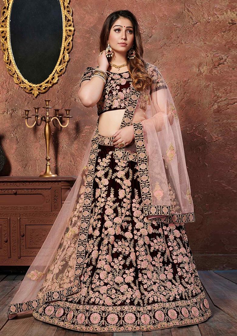Maroon Sequin Work Velvet Lehenga Set - Indya