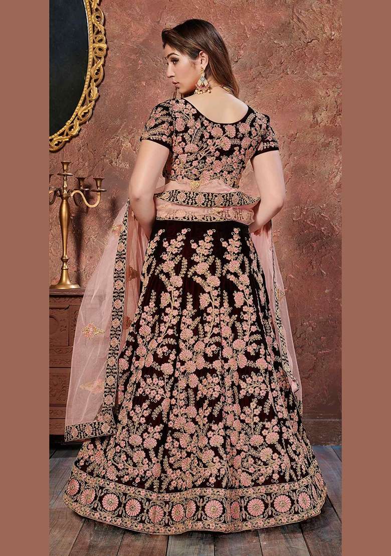 Maroon Sequin Work Velvet Lehenga Set for Diwali and Festive Wear - Indya