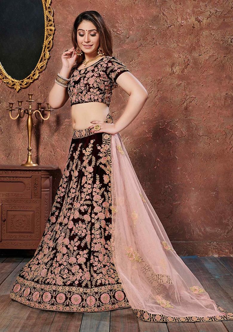 Maroon Sequin Work Velvet Lehenga Set - Indya