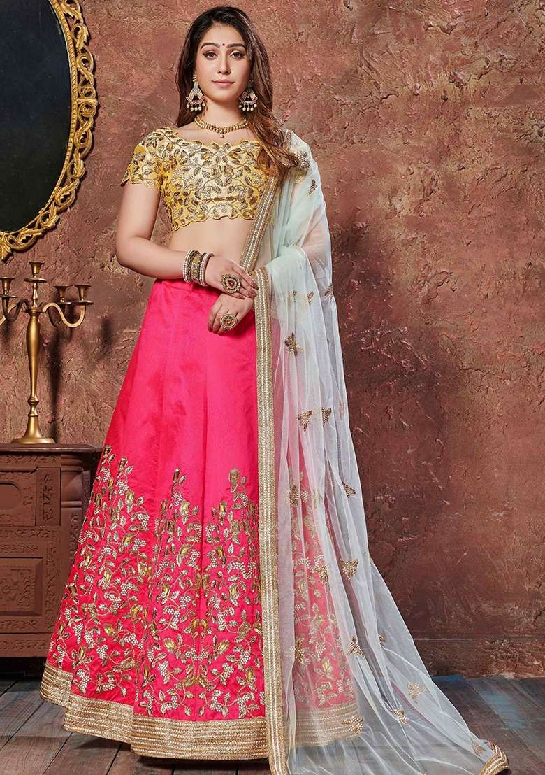 Pink Work Silk Blend Lehenga Set with Sequin for Diwali | Wedding & Festive Wear - Indya