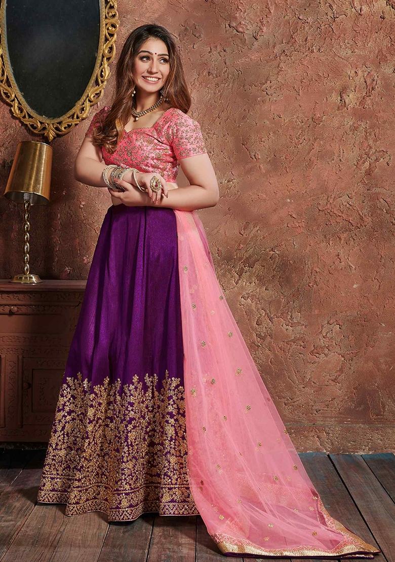 Purple Sequin Work Silk Blend Lehenga Set - Indya