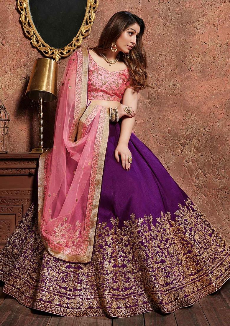 Purple Sequin Work Silk Blend Lehenga Set - Indya