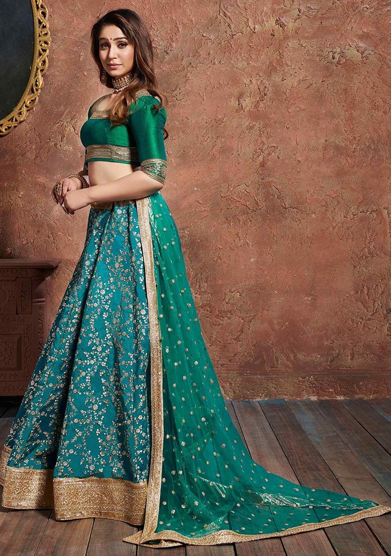 Turquoise Sequin Work Silk Blend Lehenga Set - Indya