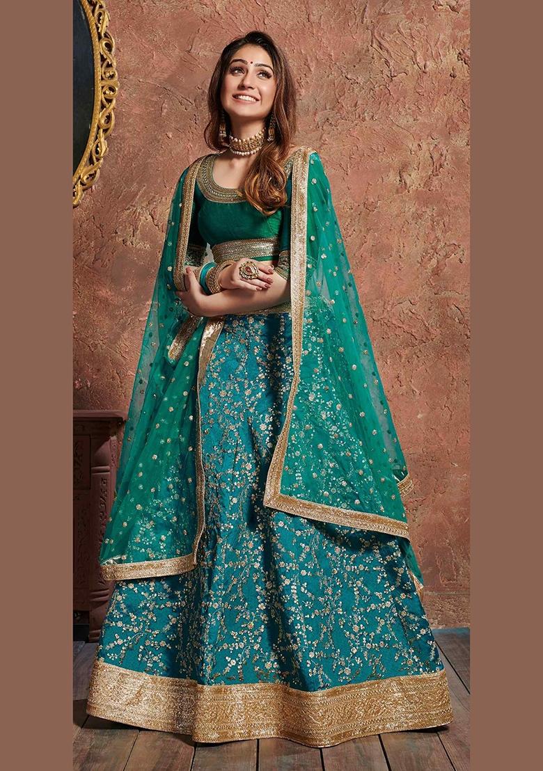 Turquoise Sequin Work Silk Blend Lehenga Set - Indya