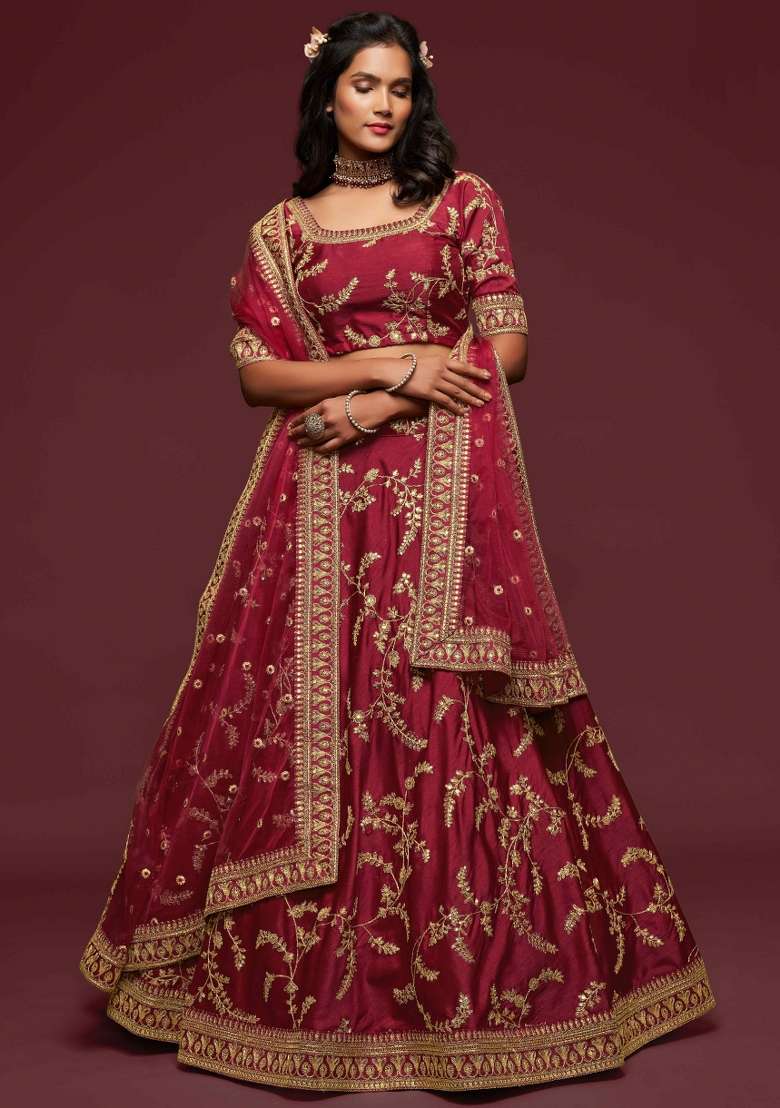 Maroon Sequin Work Silk Blend Lehenga Set for Diwali and Festive Wear - Indya