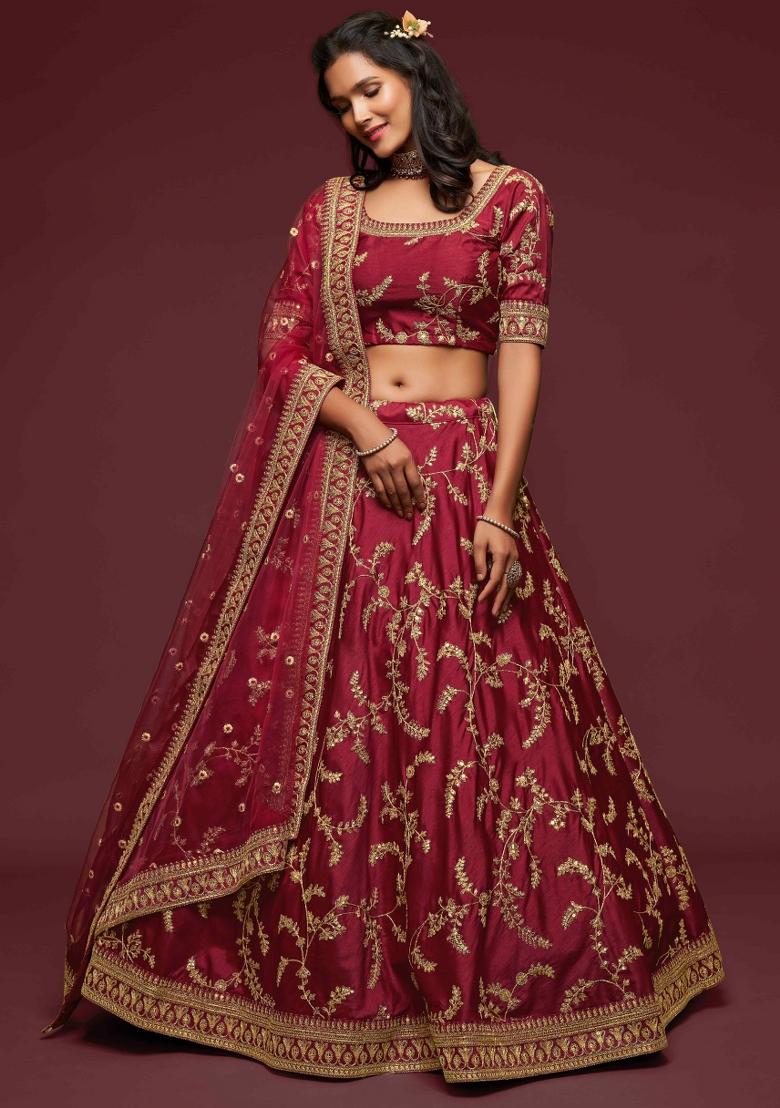 Maroon Sequin Work Silk Blend Lehenga Set - Indya