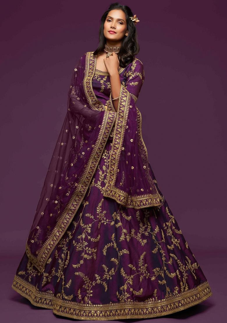 Purple Sequin Work Silk Blend Lehenga Set - Indya