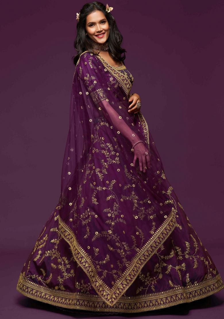 Purple Sequin Work Silk Blend Lehenga Set - Indya
