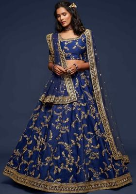 Blue Sequin Work Silk Blend Lehenga Set