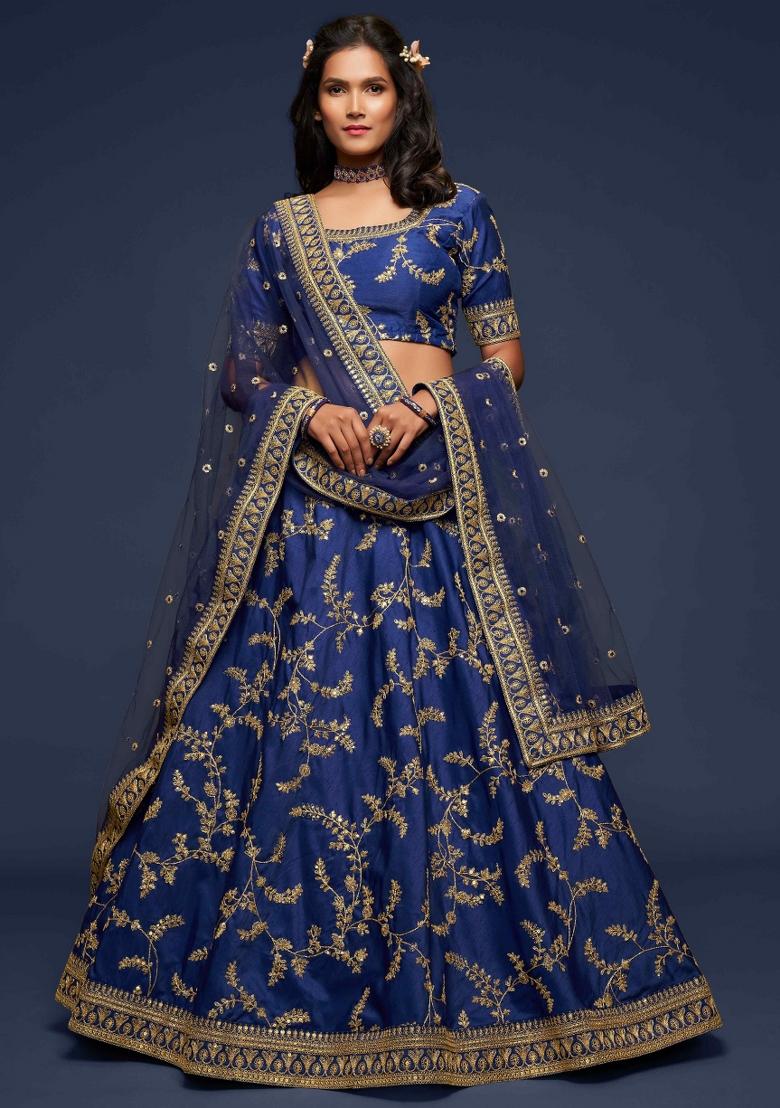 Blue Sequin Work Silk Blend Lehenga Set - Indya