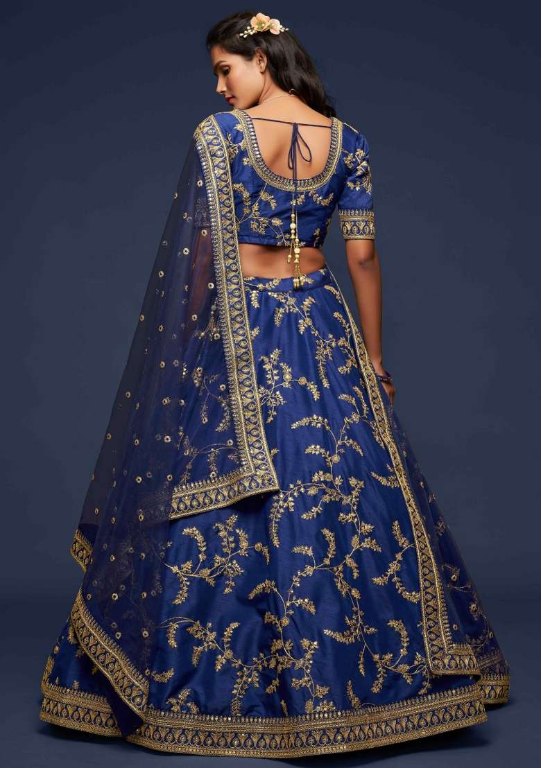 Blue Work Silk Blend Lehenga Set with Sequin for Diwali | Wedding & Festive Wear - Indya