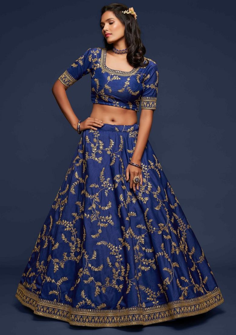Blue Sequin Work Silk Blend Lehenga Set - Indya