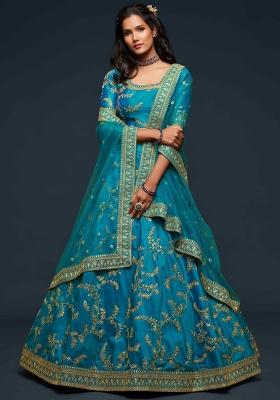 Turquoise Sequin Work Silk Blend Lehenga Set