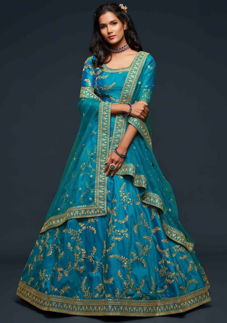 Turquoise Sequin Work Silk Blend Lehenga Set for Diwali and Festive Wear - Indya