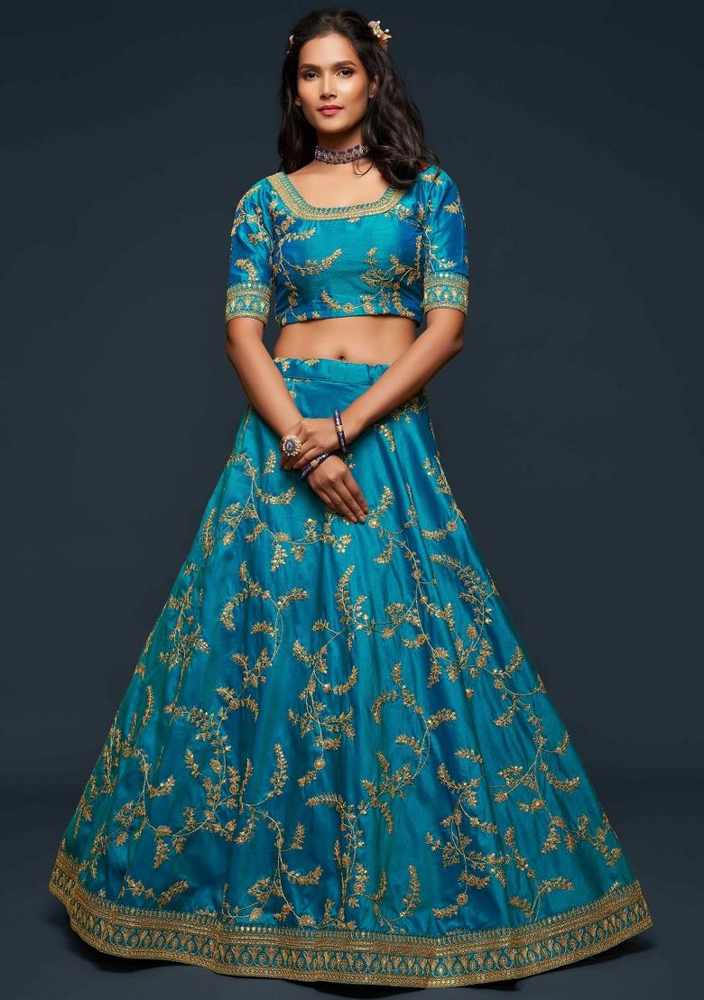 Turquoise Sequin Work Silk Blend Lehenga Set - Indya