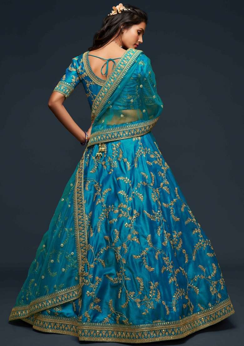 Turquoise Sequin Work Silk Blend Lehenga Set for Diwali and Festive Wear - Indya