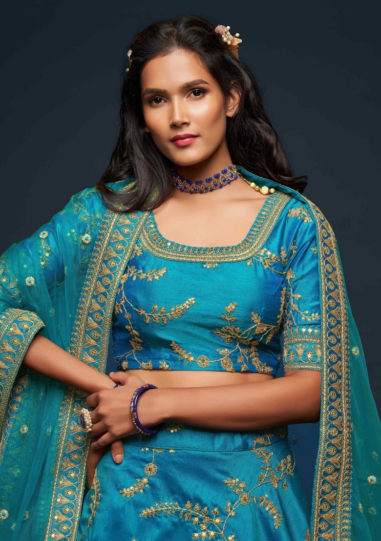 Turquoise Sequin Work Silk Blend Lehenga Set - Indya