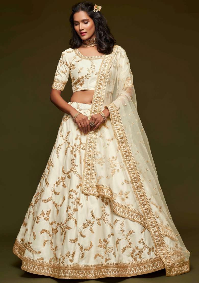 White Sequin Work Silk Blend Lehenga Set for Diwali and Festive Wear - Indya
