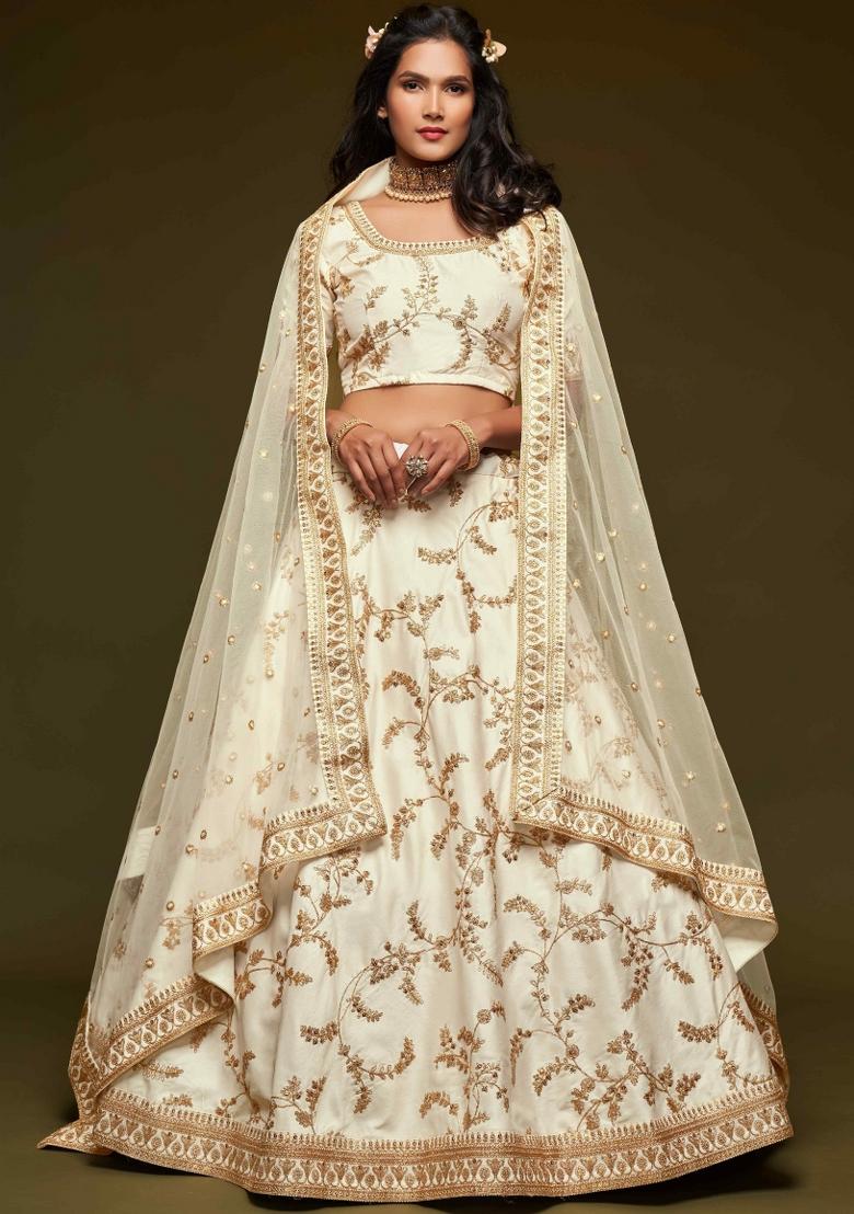 White Sequin Work Silk Blend Lehenga Set - Indya