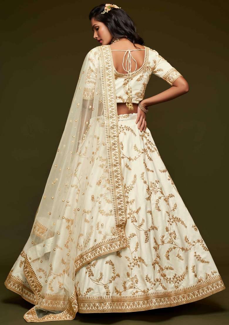 White Sequin Work Silk Blend Lehenga Set for Diwali and Festive Wear - Indya