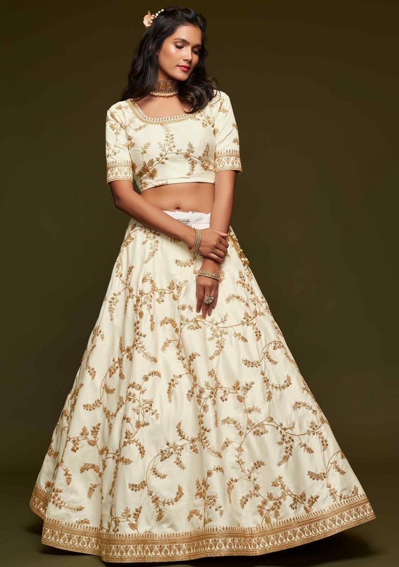 White Sequin Work Silk Blend Lehenga Set - Indya