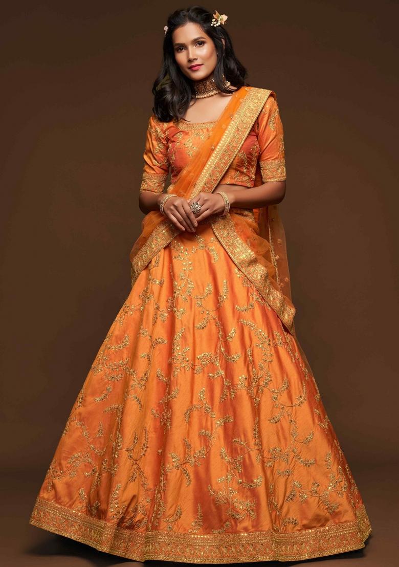 Orange Sequin Work Silk Blend Lehenga Set - Indya