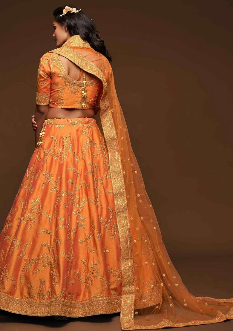 Orange Sequin Work Silk Blend Lehenga Set for Diwali and Festive Wear - Indya