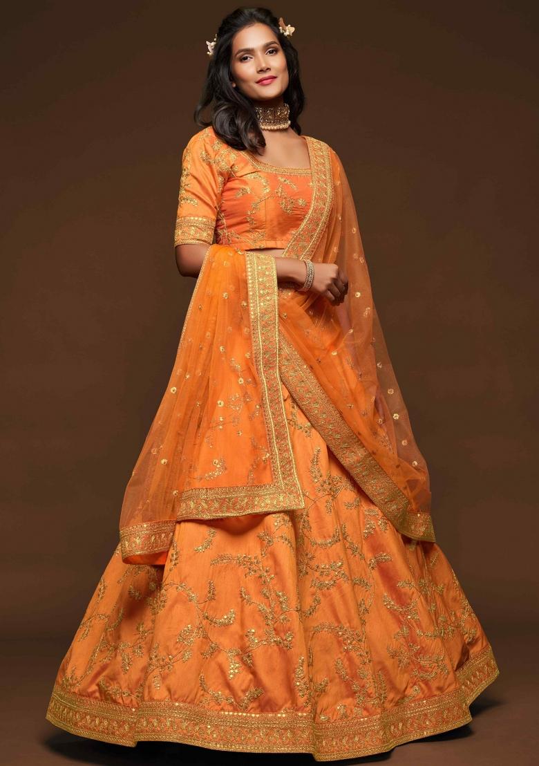 Orange Sequin Work Silk Blend Lehenga Set - Indya