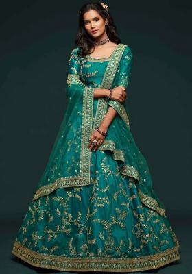 Green Sequin Work Silk Blend Lehenga Set