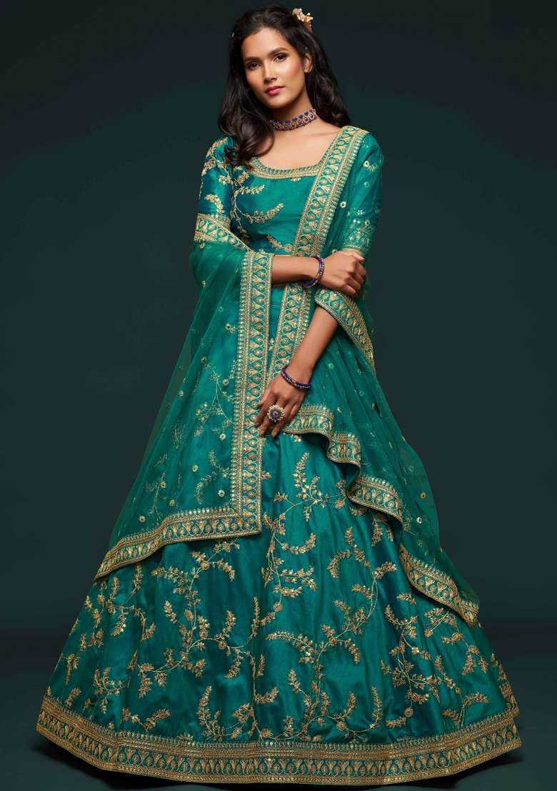 Green Sequin Work Silk Blend Lehenga Set for Diwali and Festive Wear - Indya