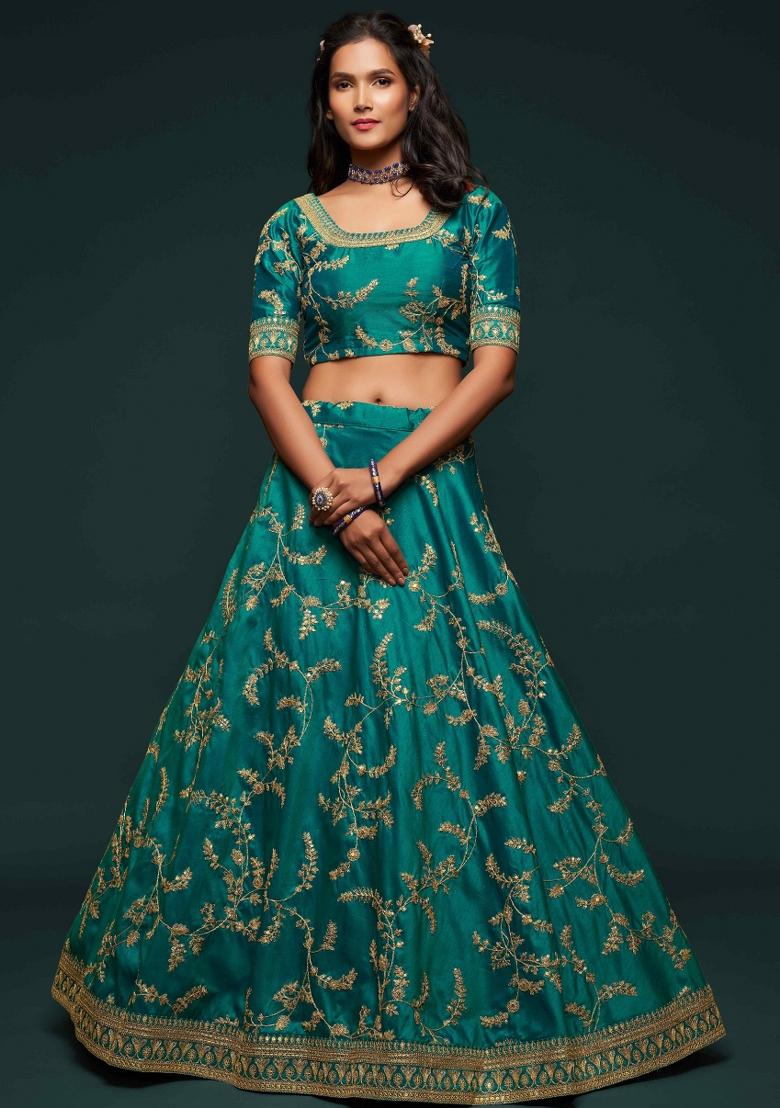 Green Sequin Work Silk Blend Lehenga Set - Indya