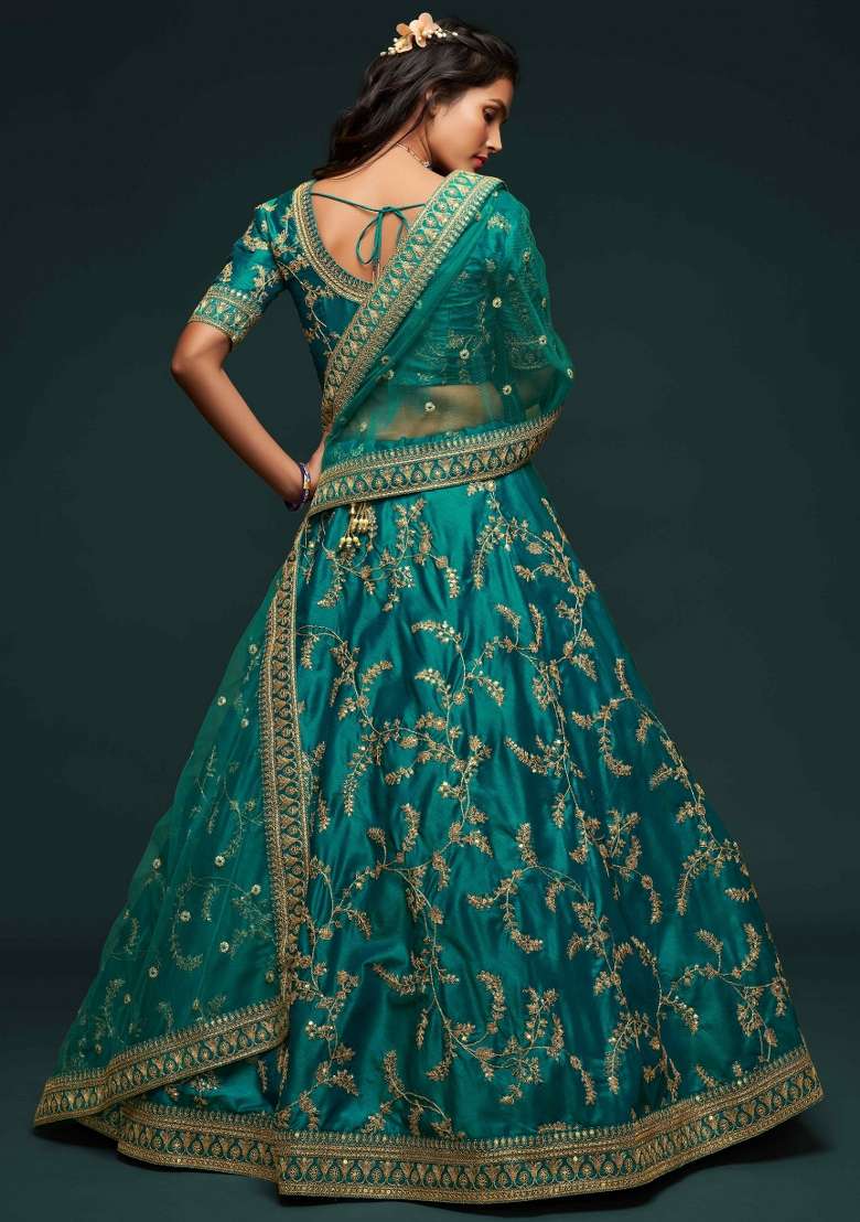 Green Sequin Work Silk Blend Lehenga Set for Diwali and Festive Wear - Indya