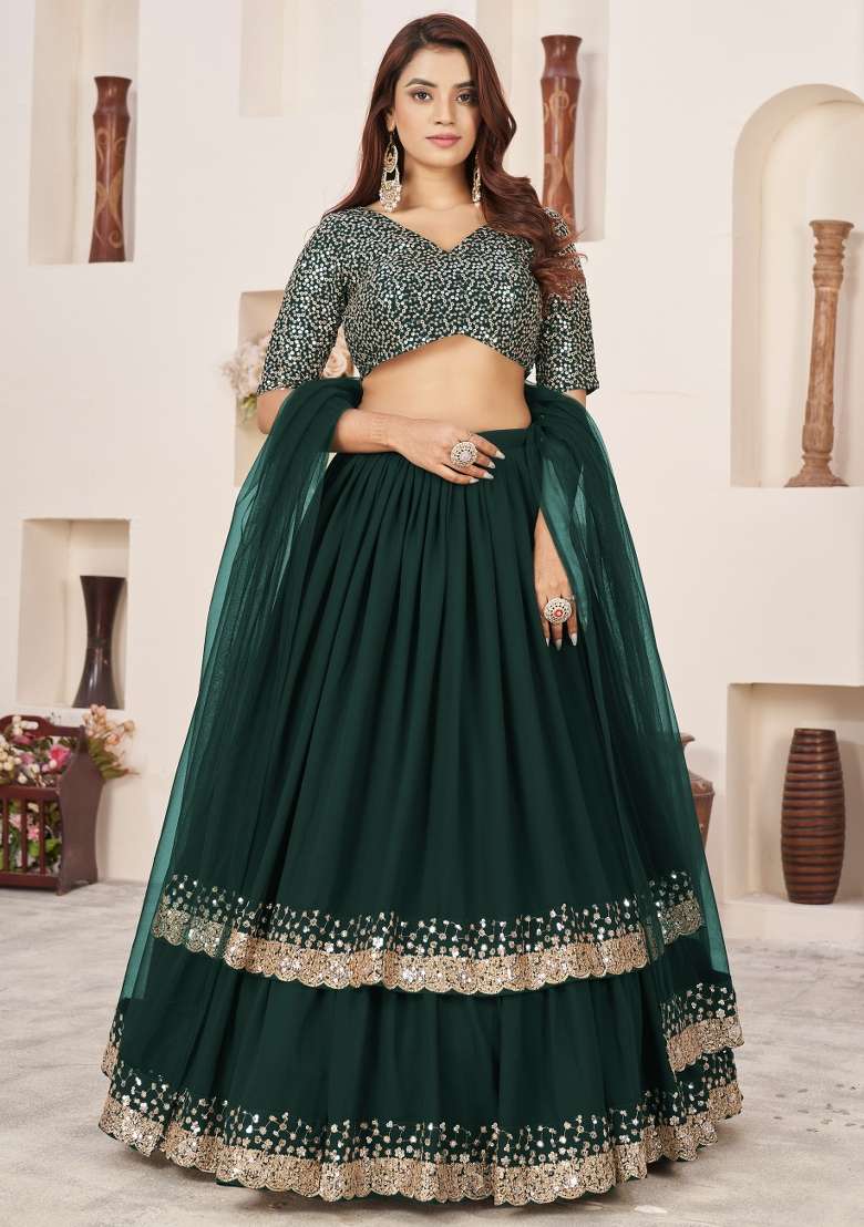 Green Work Georgette Lehenga Set with Sequin for Diwali | Wedding & Festive Wear - Indya