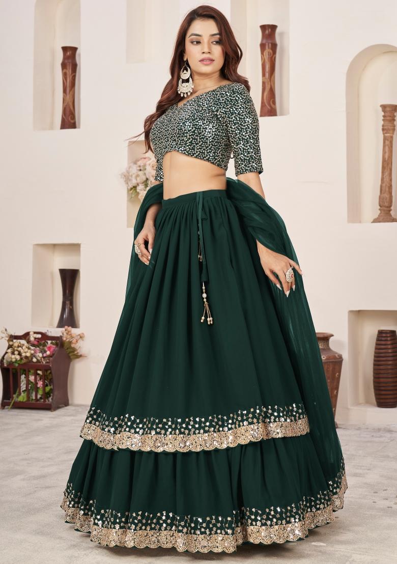 Green Sequin Work Georgette Lehenga Set - Indya
