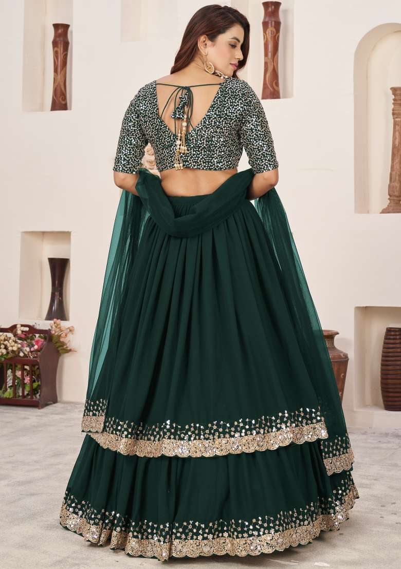 Green Work Georgette Lehenga Set with Sequin for Diwali | Wedding & Festive Wear - Indya