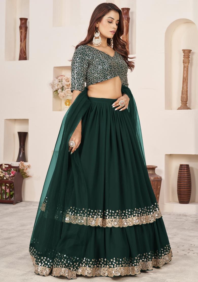 Green Sequin Work Georgette Lehenga Set - Indya