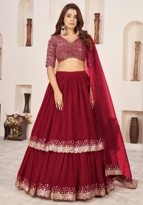 Red Sequin Work Georgette Lehenga Set