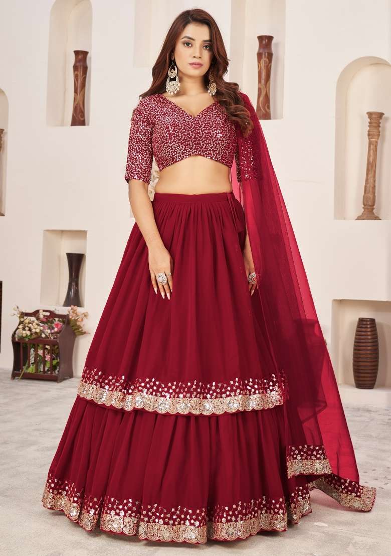 Red Work Georgette Lehenga Set with Sequin for Diwali | Wedding & Festive Wear - Indya