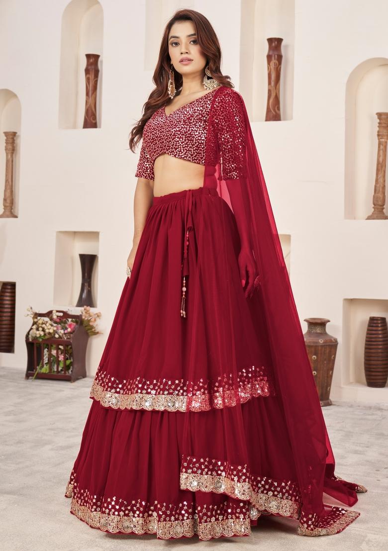 Red Sequin Work Georgette Lehenga Set - Indya
