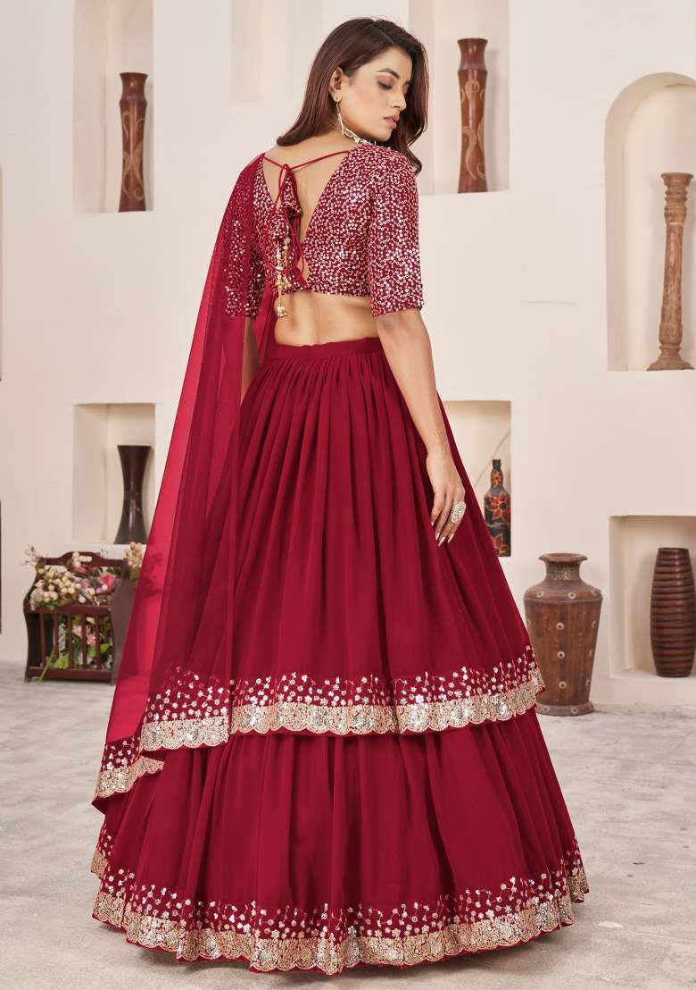 Red Work Georgette Lehenga Set with Sequin for Diwali | Wedding & Festive Wear - Indya