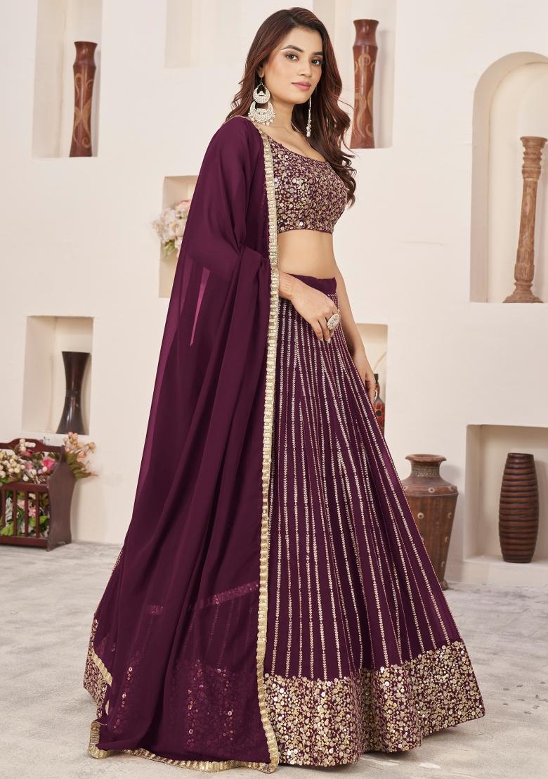 Wine Sequin Work Georgette Lehenga Set - Indya