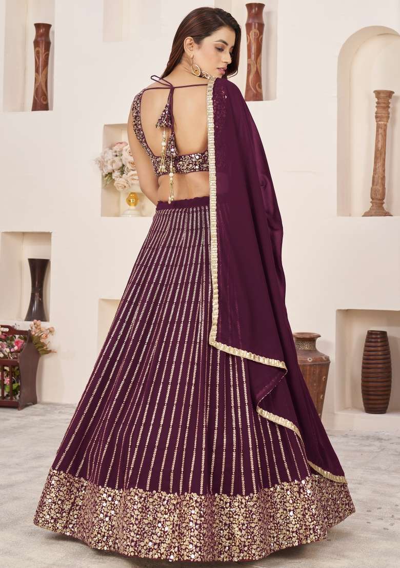 Wine Sequin Work Georgette Lehenga Set for Diwali and Festive Wear - Indya