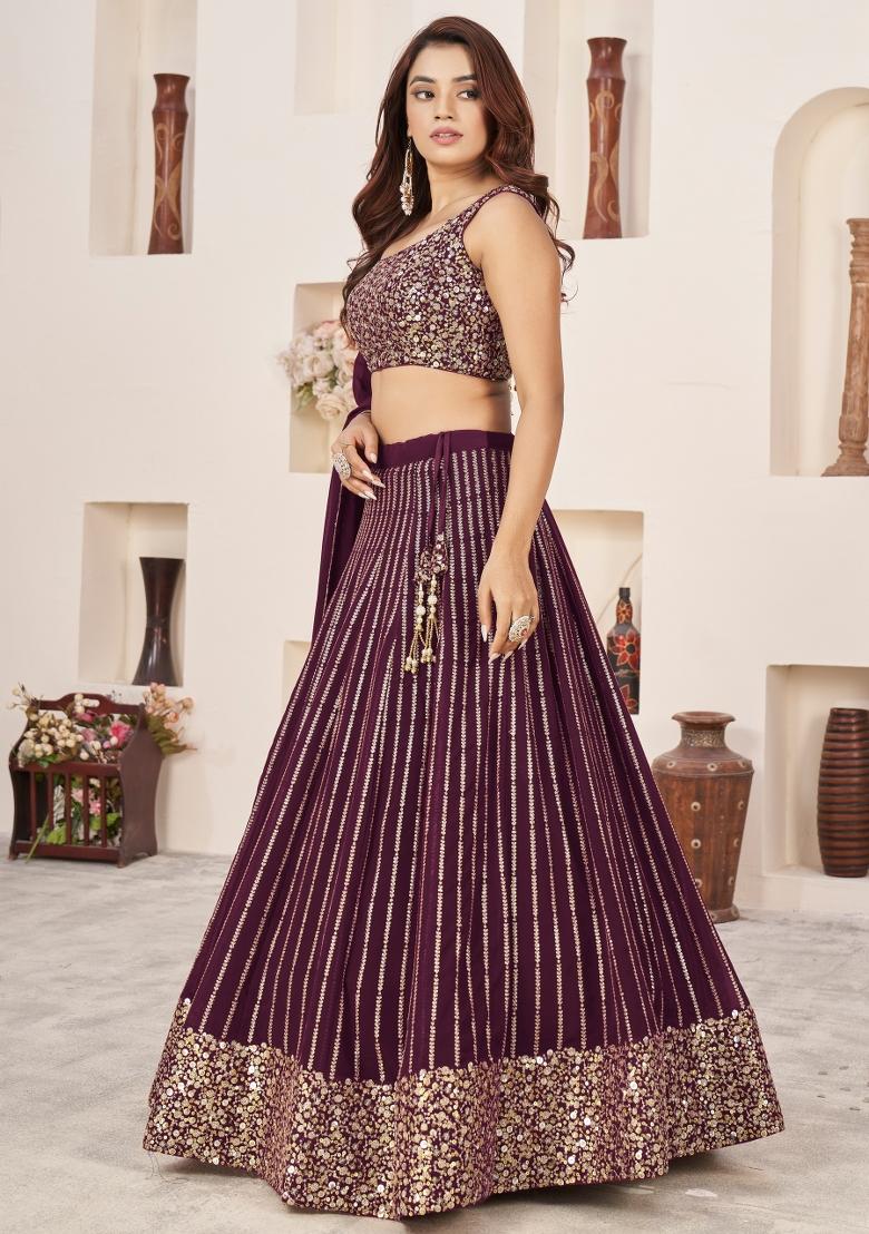 Wine Sequin Work Georgette Lehenga Set - Indya